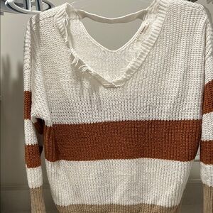 moon & madison V-Neck Sweater - White, Brown, and Tan
